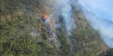 Bomberos combaten un incendio generado en la zona del Paredón del Dique San Roque