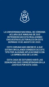 La UNC advirtió que son falsas las encuestas de boca de urna que circulan en redes con su logo