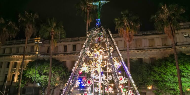 Se encendió el árbol de Navidad hecho 100% con residuos reciclados