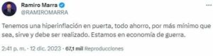 El mensaje de Marra por X: "Tenemos una hiperinflación en puerta, estamos en economía de guerra"