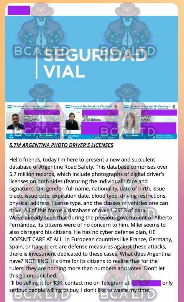 Robaron los datos de licencias de conducir, las ofrecieron por internet y mostraron la de Milei