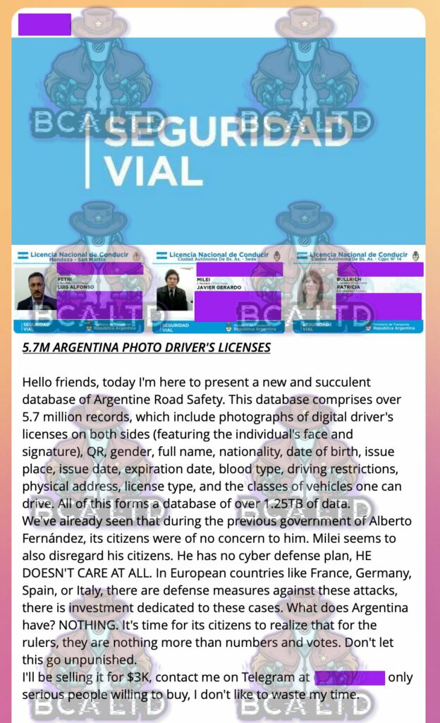 Robaron los datos de licencias de conducir, las ofrecieron por internet y mostraron la de Milei
