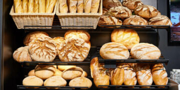 Fresh bread on shelves in a bakery