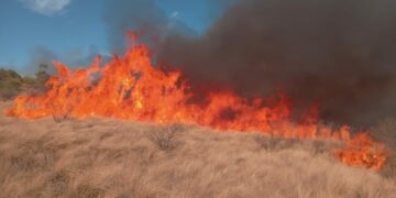 Bomberos trabajan para apagar un importante incendio en Estancia La Paz