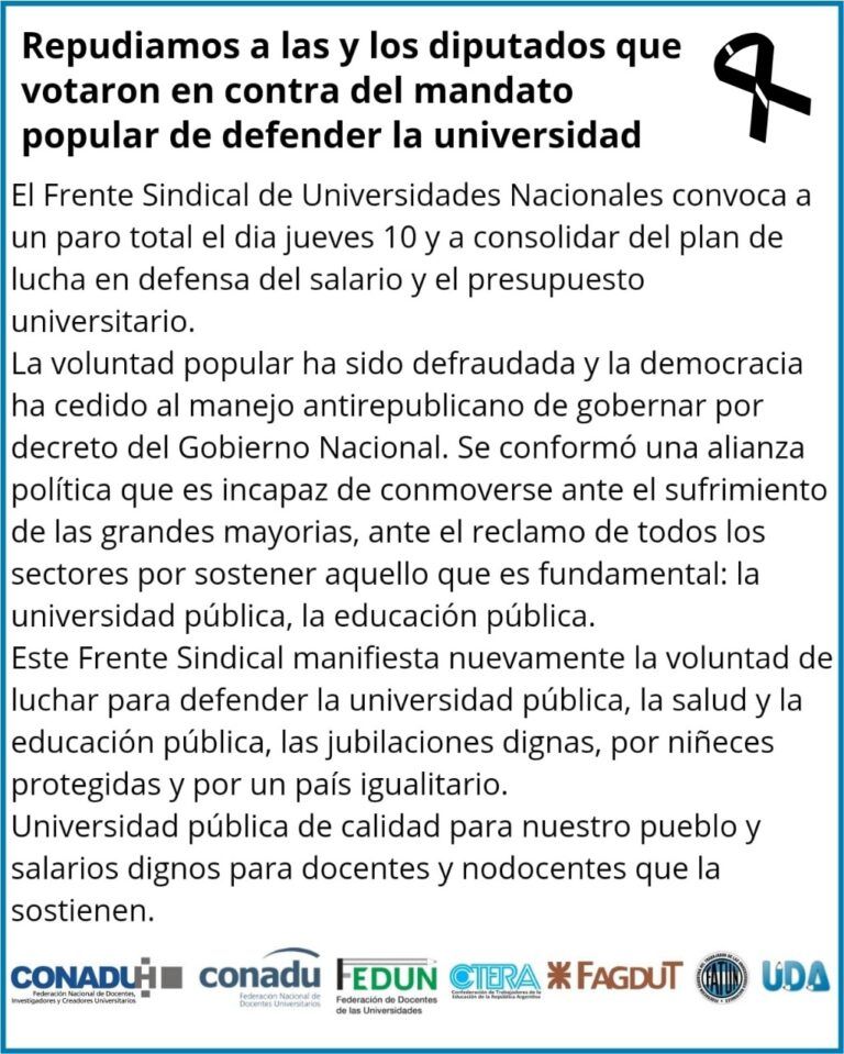 Anunciaron paro nacional universitario para este jueves en rechazo al veto de Milei