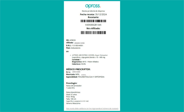 La nueva receta digital de Apross imita a un ticket.