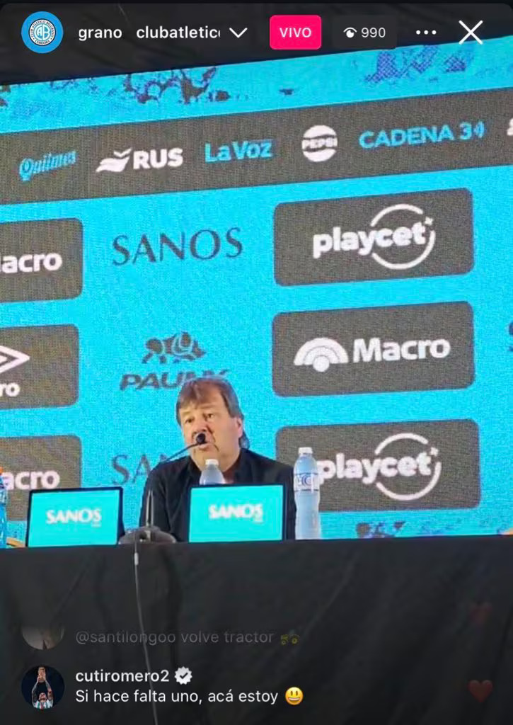 "Cuti" Romero sorprendió a los hinchas de Belgrano en la presentación de Zielinski