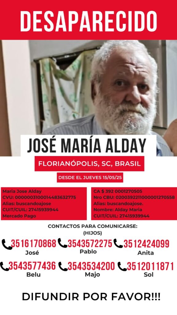 Buscan a un cordobés de 70 años que lleva una semana desaparecido en Brasil