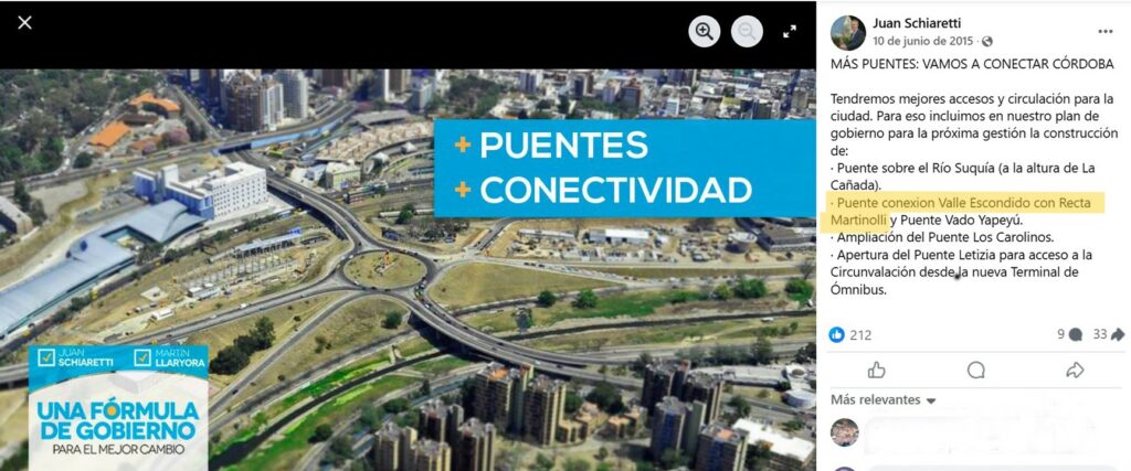 La imperiosa necesidad de comunicar Valle Escondido con la Recta Martinolli El anuncio de construcción del puente entre Valle Escondido y la Recta Martinolli de 2015.