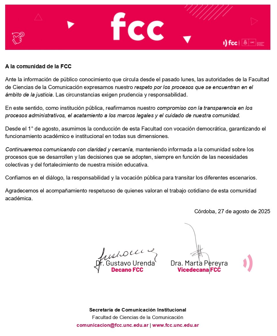 La Facultad de Comunicación expresó su respeto por los procesos de la Justicia Correo de la Facultad de Ciencias de la Comunicación.