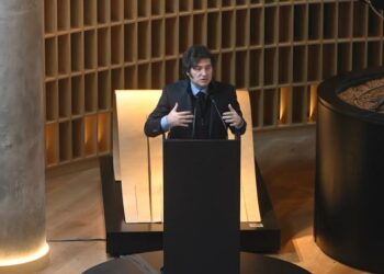 Javier Milei durante la inauguración de nuevas oficinas de la Corporación América.