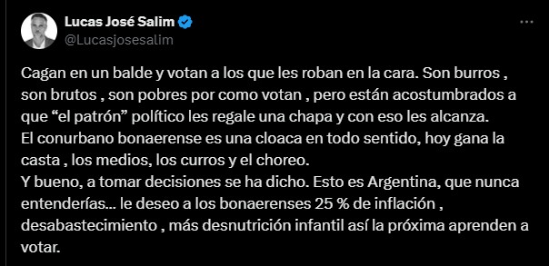 Lucas Salim insultó a los bonaerenses tras el triunfo kirchnerista