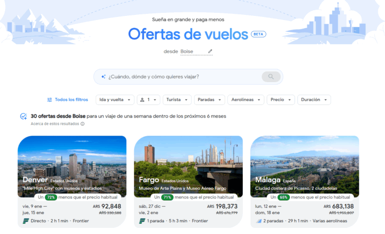 Google lanza una herramienta con IA para simplificar la búsqueda de viajes "Ofertas de vuelo", la plataforma de Google para viajar.