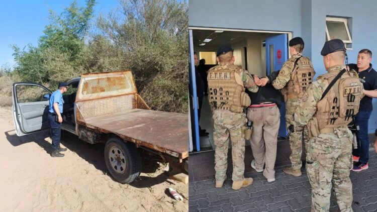 Prisión preventiva para un secuestrador y abusador de una mujer en Adelia María A la izquierda, camioneta extraída por el hombre; a la derecha, momento de su detención (Gentileza: El Puntal).
