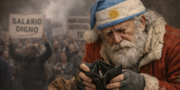 Sortea la mitad de su aguinaldo en Instagram para denunciar los bajos salarios. Imagen con IA. Imagen creada • Santa preocupado en medio de protesta.