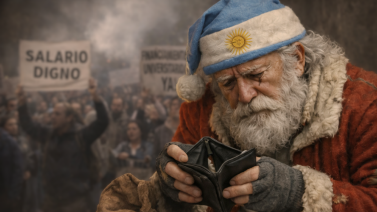 Sortea la mitad de su aguinaldo en Instagram para denunciar los bajos salarios. Imagen con IA. Imagen creada • Santa preocupado en medio de protesta.