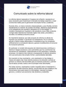 La Bolsa de Comercio de Córdoba se pronunció a favor de la reforma laboral