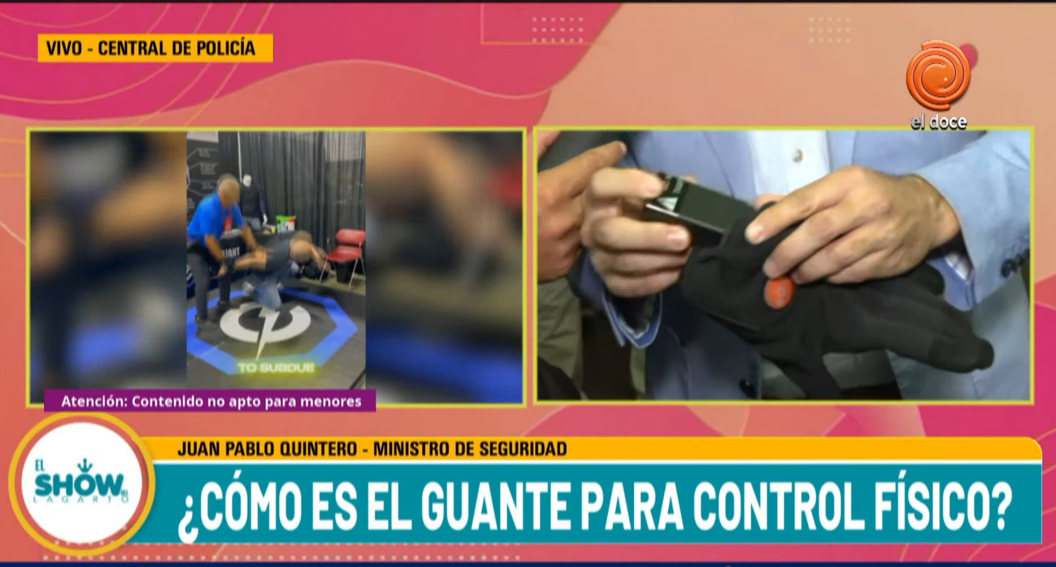 El minitro Quinteros demostró en vivo cómo funciona el guante con descarga eléctrica.