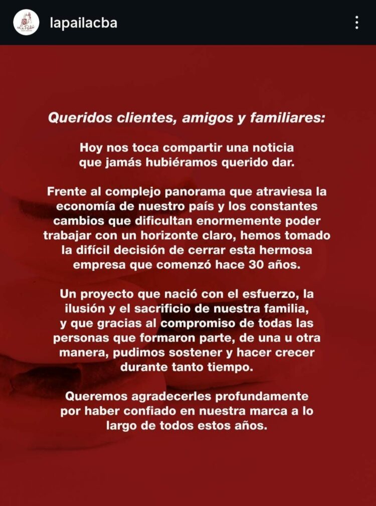 Cierra La Paila, histórica fábrica de alfajores de Córdoba Comunicado oficial de La Paila.