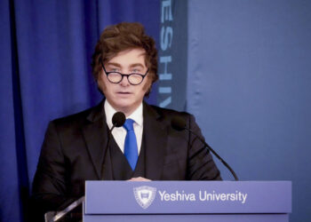 Javier Milei en su disertación en la Universidad judía de Yeshiva.