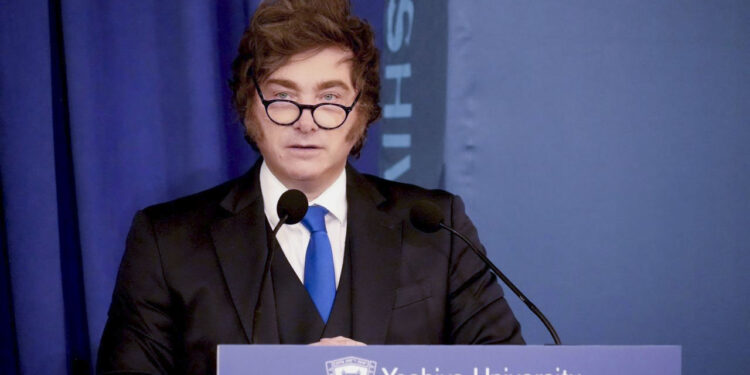 Javier Milei en su disertación en la Universidad judía de Yeshiva.