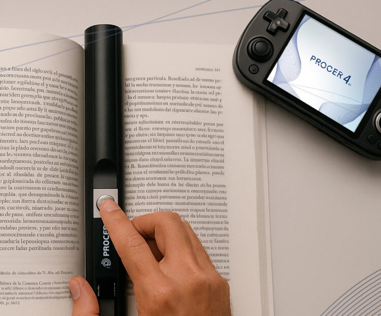 PROCER 4 AI es un dispositivo que permite acceder a textos, imágenes y documentos en distintos formatos, facilitando la lectura y el acceso a la información con mayor autonomía. Incorpora botones físicos, diseño ergonómico y una pantalla de apoyo para acompañamiento en el aprendizaje.