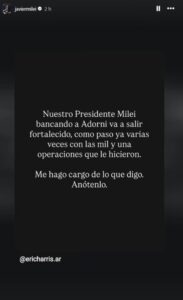 Milei respaldó a Adorni en redes sociales tras la polémica por su patrimonio
