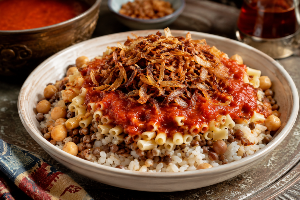 El koshari, considerado el plato nacional, resume la diversidad de sabores que caracteriza a las comidas típicas de Egipto.