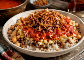 El koshari, considerado el plato nacional, resume la diversidad de sabores que caracteriza a las comidas típicas de Egipto.