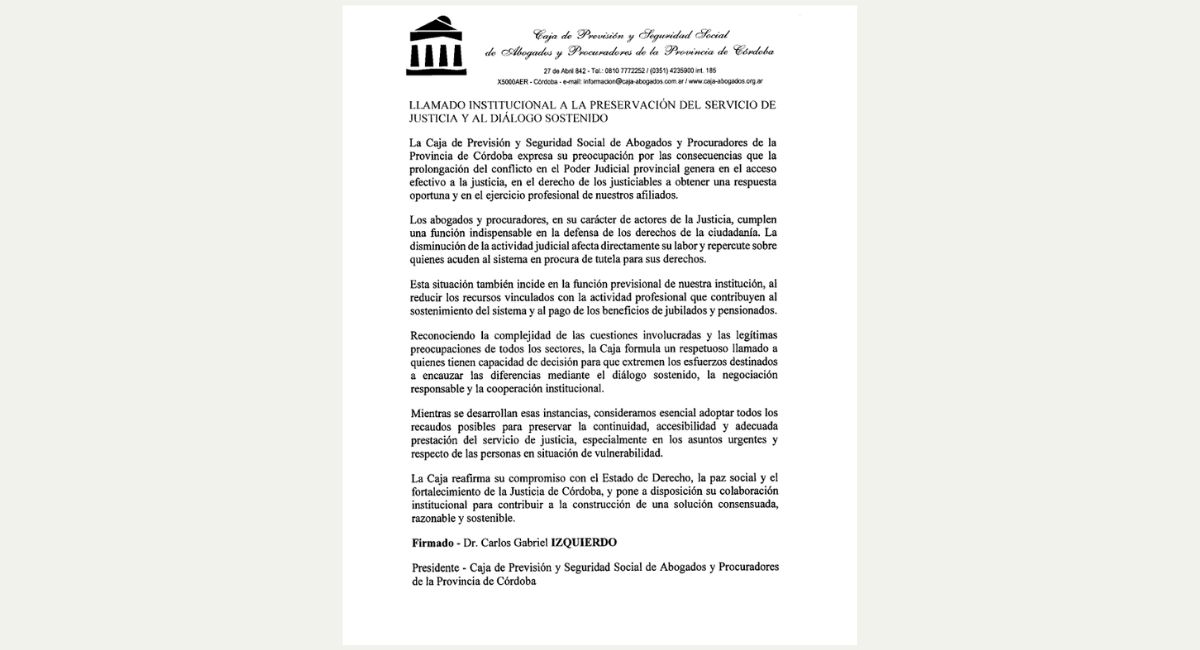 Justicia de Córdoba la Caja de Abogados pidió garantizar el servicio judicial (1)