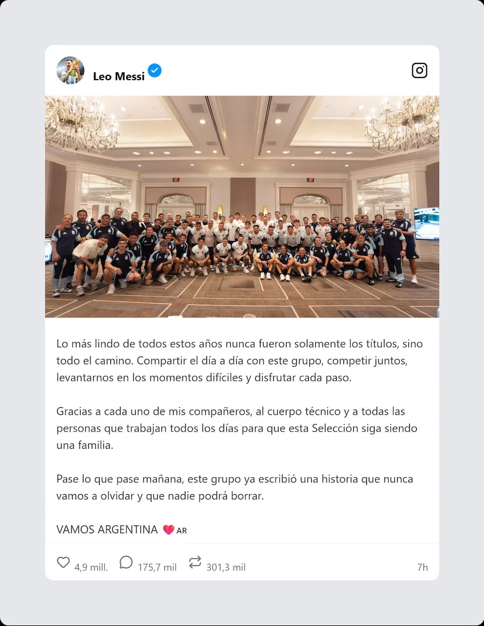 El emotivo mensaje de Messi y la foto de unidad de la Selección antes de la final El emotivo mensaje de Messi y la foto de unidad de la Selección antes de la final