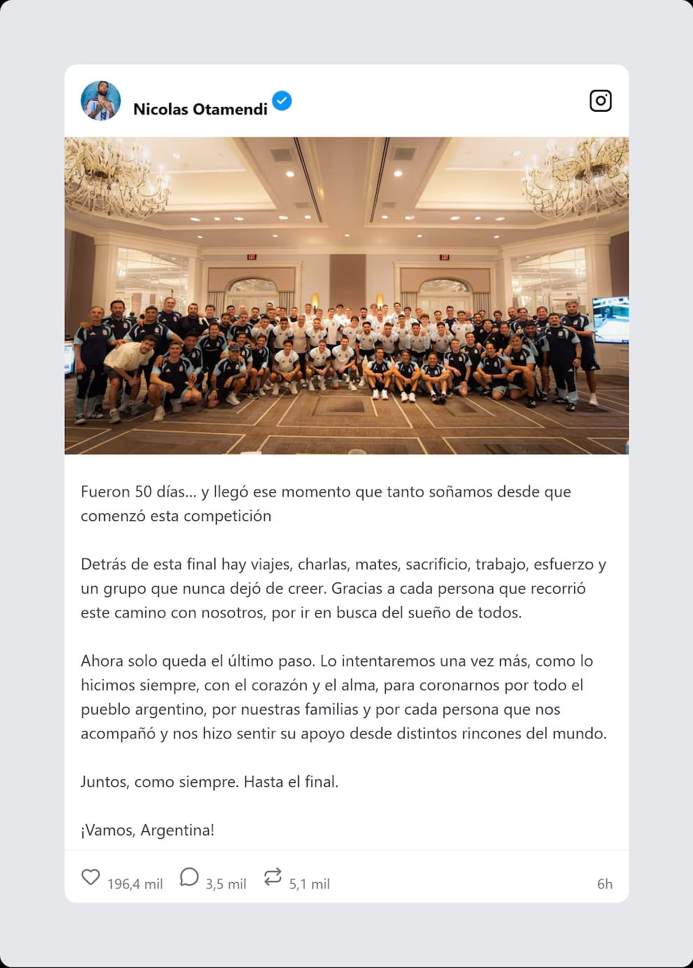 El emotivo mensaje de Messi y la foto de unidad de la Selección antes de la final El emotivo mensaje de Messi y la foto de unidad de la Selección antes de la final