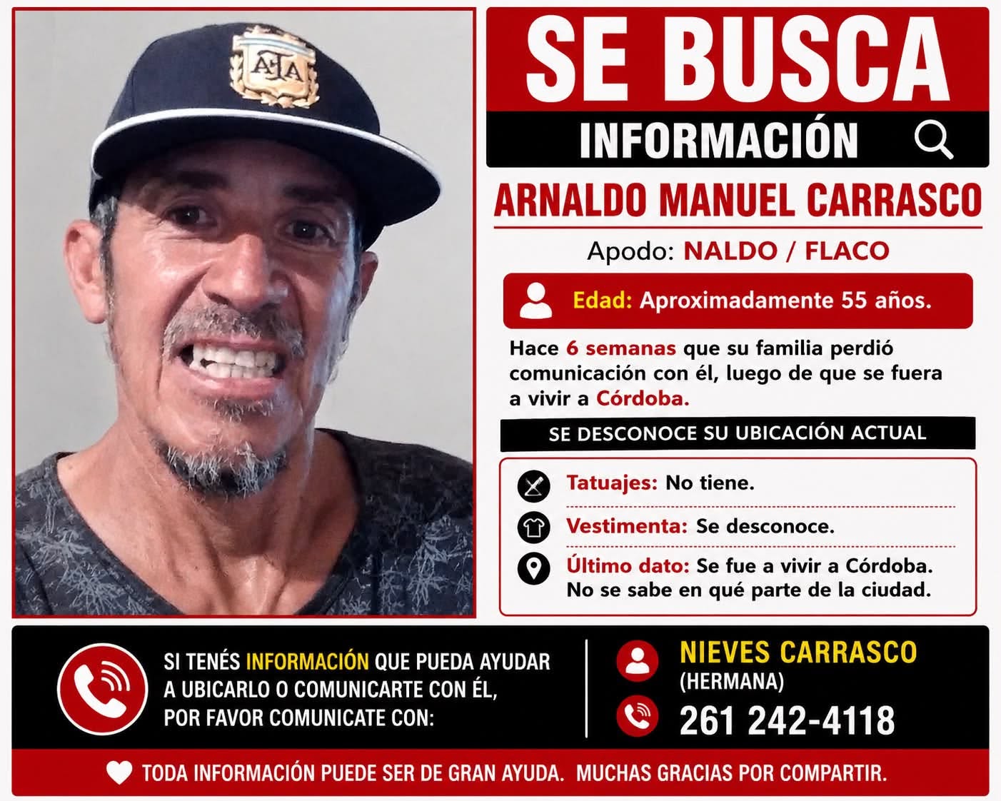 Buscan en Córdoba a un mendocino desaparecido tras quedar en situación de calle Buscan en Córdoba a un mendocino desaparecido tras quedar en situación de calle