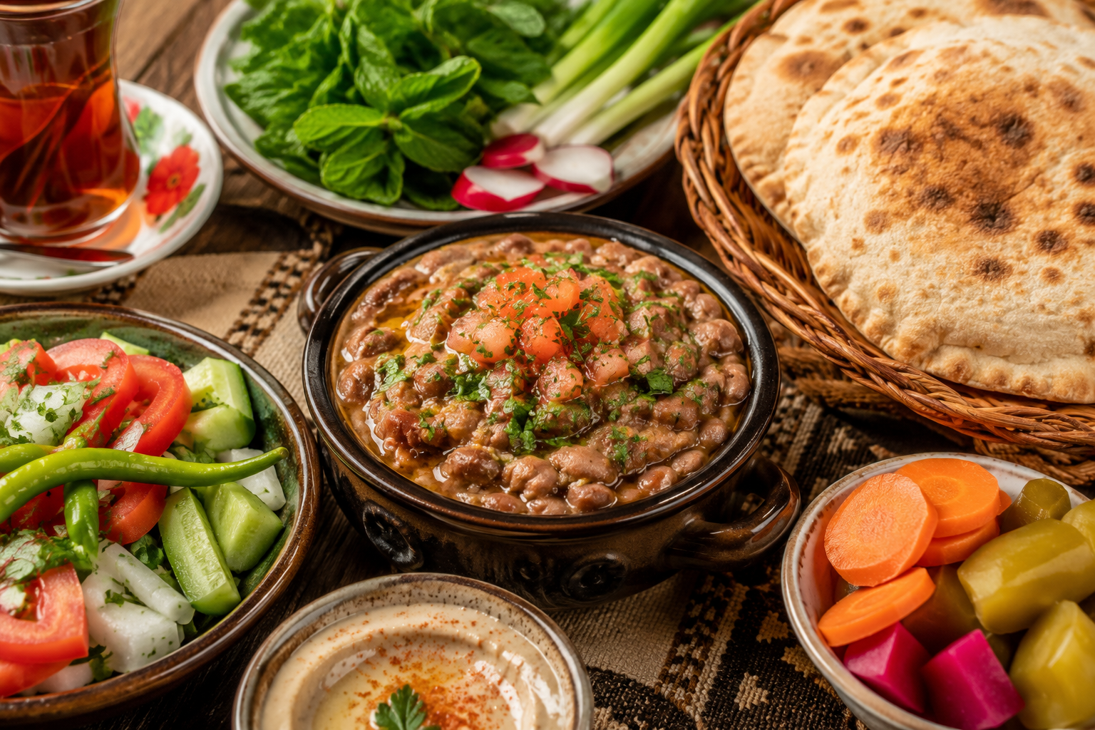 Mesa típica egipcia con pan baladi, ful medames y verduras frescas.