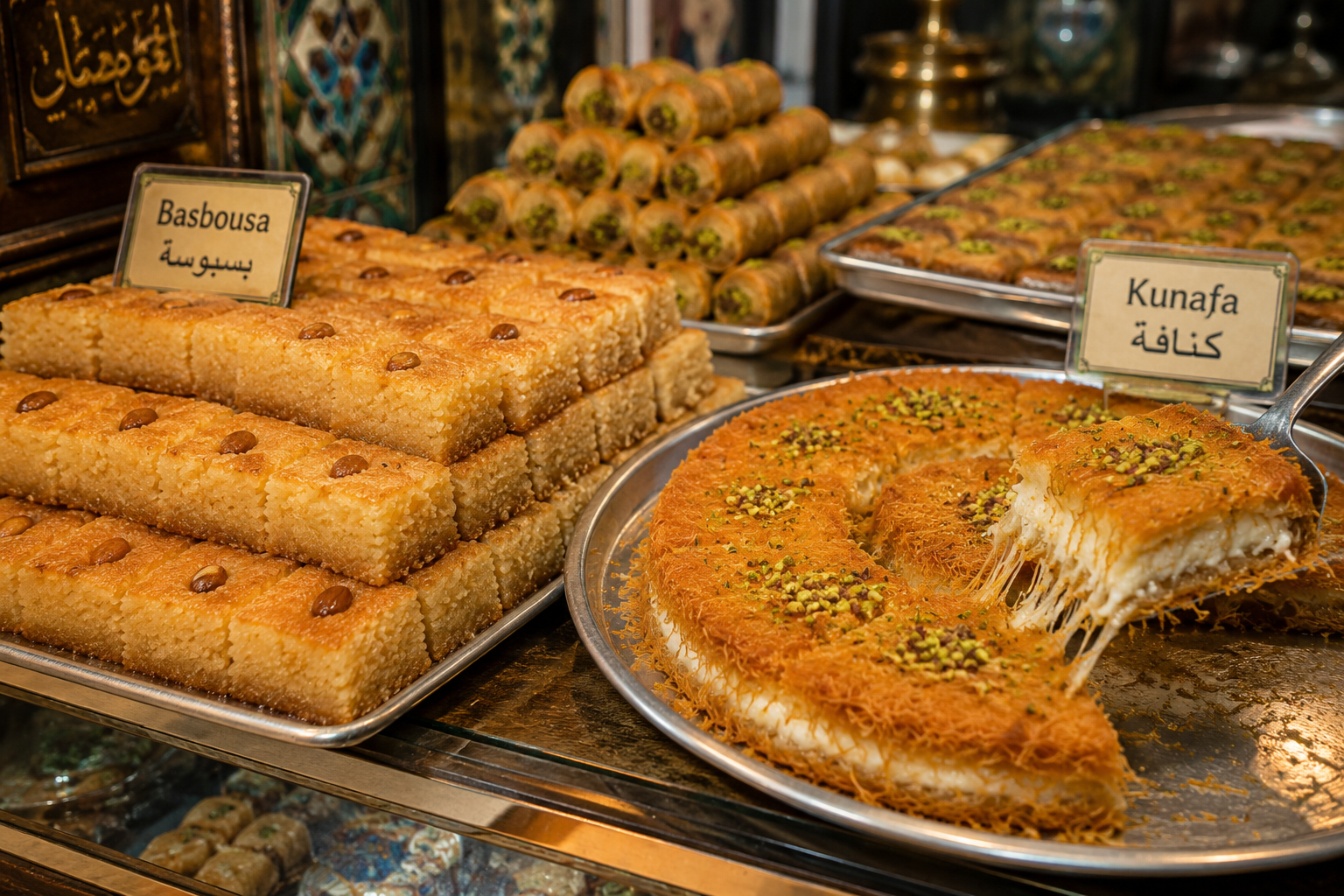 Basbousa y kunafa, fundamentales de la pastelería tradicional egipcia.