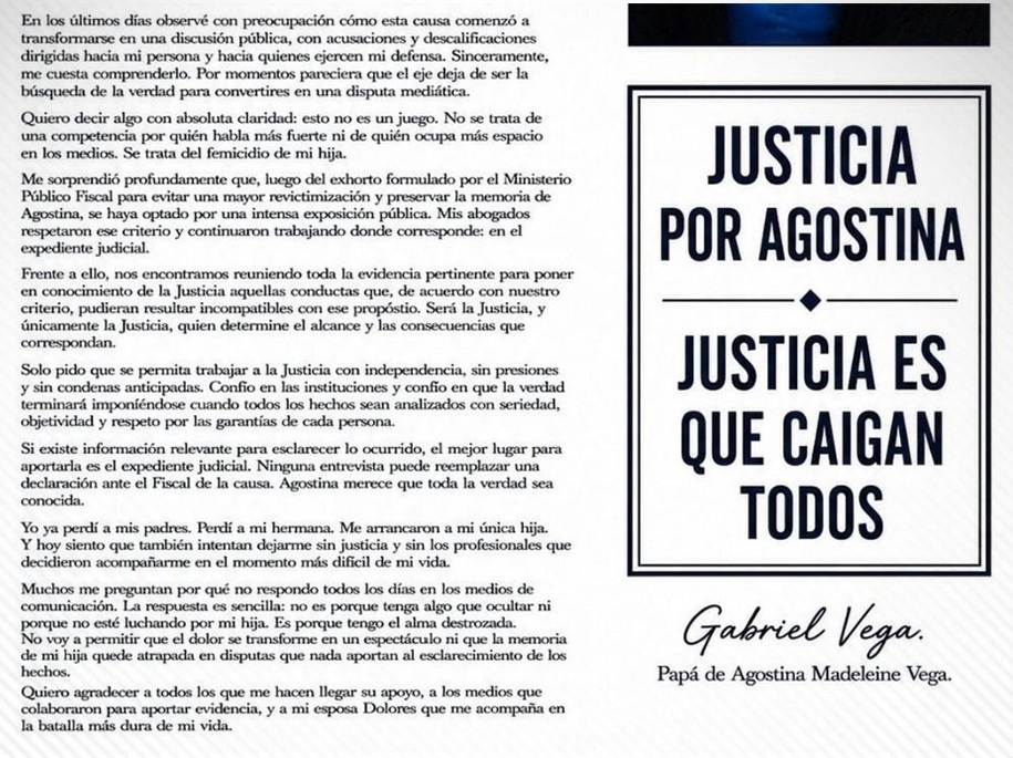 Carta abierta del papá de Agostina Vega: "Justicia es que caigan todos" Carta abierta del papá de Agostina Vega: "Justicia es que caigan todos"