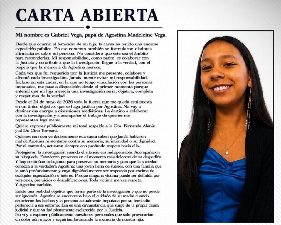 Carta abierta del papá de Agostina Vega: "Justicia es que caigan todos" Carta abierta del papá de Agostina Vega: "Justicia es que caigan todos"