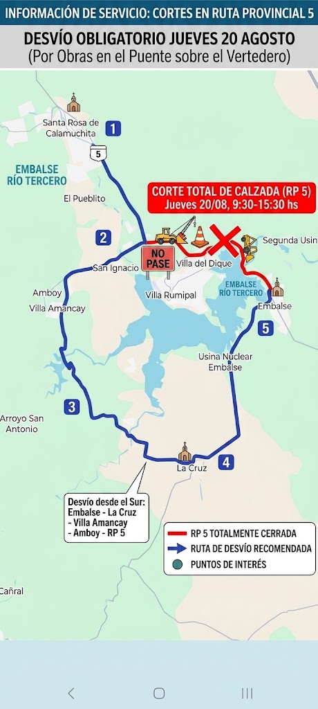 Desde mañana, cortes totales y parciales por obras en el puente del Embalse Río Tercero Desde mañana, cortes totales y parciales por obras en el puente del Embalse Río Tercero
