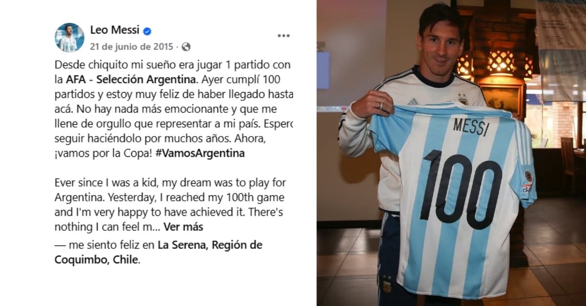 Lionel Messi anunció su retiro de la Selección “Desde chiquito, mi sueño era jugar un partido con la Selección”. Messi compartió esta imagen al alcanzar los 100 partidos con la camiseta argentina, una marca que en aquel momento parecía enorme y que con los años quedaría muy atrás frente a una historia que todavía tenía muchos capítulos por escribir.