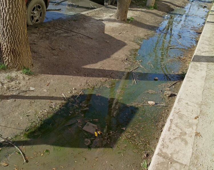 Pese a los reiterados reclamos de la comunidad educativa, el derrame de aguas servidas continúa frente al IPEM 129.