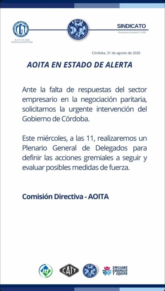 Sin propuesta de aumento, Aoita se declaró en alerta y evalúa medidas de fuerza