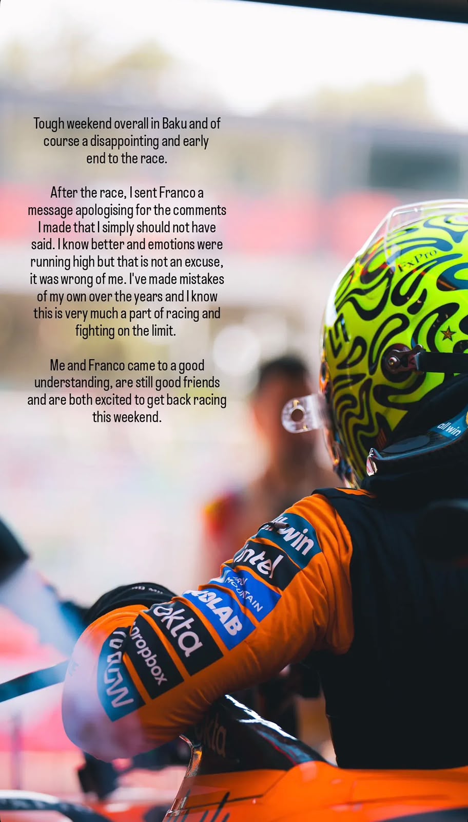 Las disculpas de Lando Norris por sus dichos sobre Colapinto Historia de Instagram de Lando Norris.