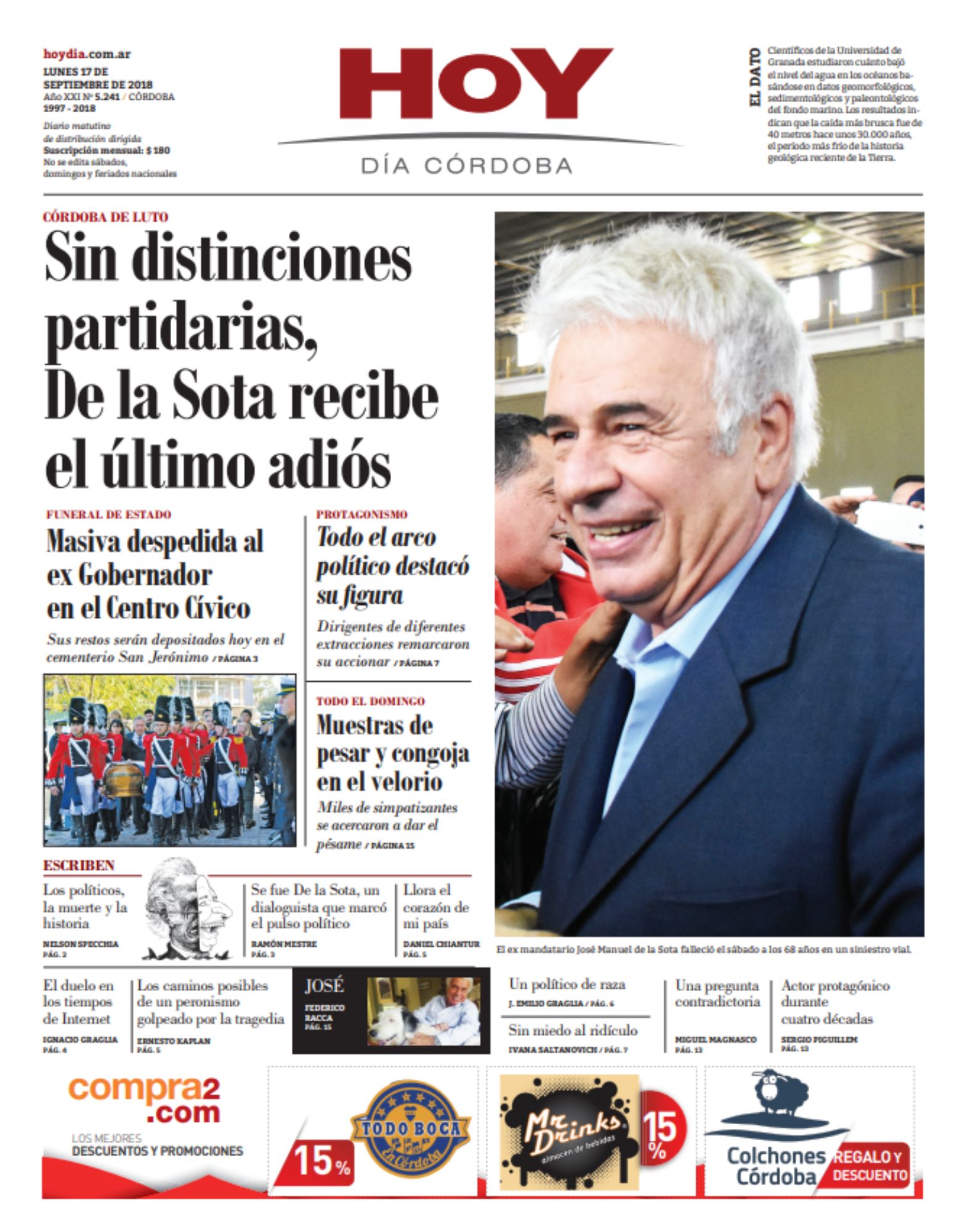 Archivo. La tapa de Hoy Día Córdoba tras la muerte de José Manuel de la Sota, en septiembre de 2018.