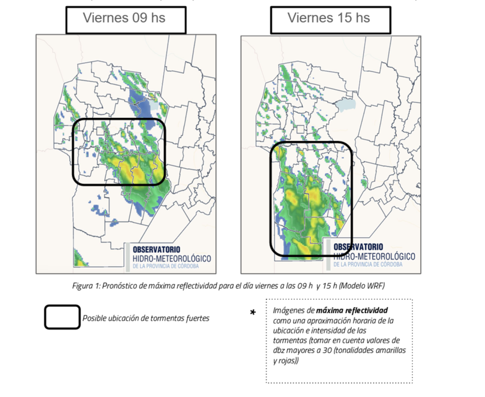 Lluvias y tormentas en distintos sectores de la provincia para este viernes Los mapas muestran la posible ubicación de las tormentas en Córdoba para este viernes a las 9 y a las 15.